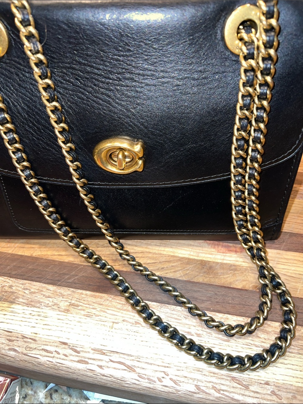 Coach Parker Black Leather Shoulder Bag with Gold Chain - Picture 10 of 11